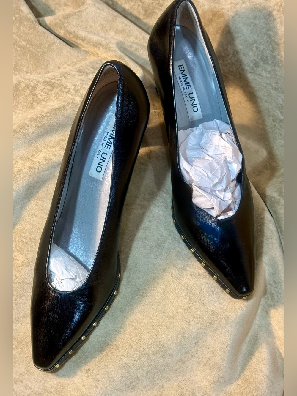 Black Leather Pointed-Toe Studded Pumps